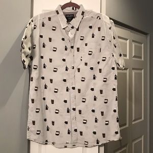 Alpha Beta White Short-Sleeve Button-Down Shirt with Coffee Print